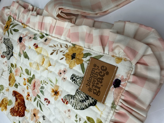 Handmade quilted floral Bible cover with pink gingham ruffle and bloom with grace leather tag — Bible covers, journal covers, handmade unique gifts