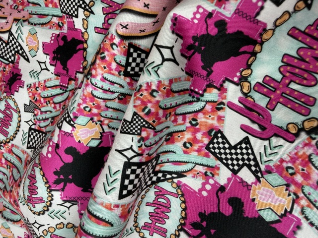 Neon howdy western bronco rider 100% quilting cotton fabric by the yard in pink and turquoise