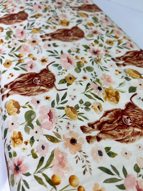 Blossom Highland Cow 100% Cotton, Cate & Rainn Blossom Highland Cow Cotton Fabric, Quilting Cotton
