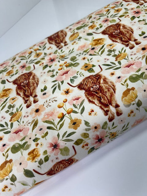 Blossom Highland Cow 100% Cotton, Cate & Rainn Blossom Highland Cow Cotton Fabric, Quilting Cotton