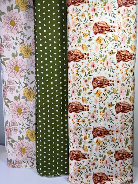 Blossom Highland Cow 100% Cotton, Cate & Rainn Blossom Highland Cow Cotton Fabric, Quilting Cotton