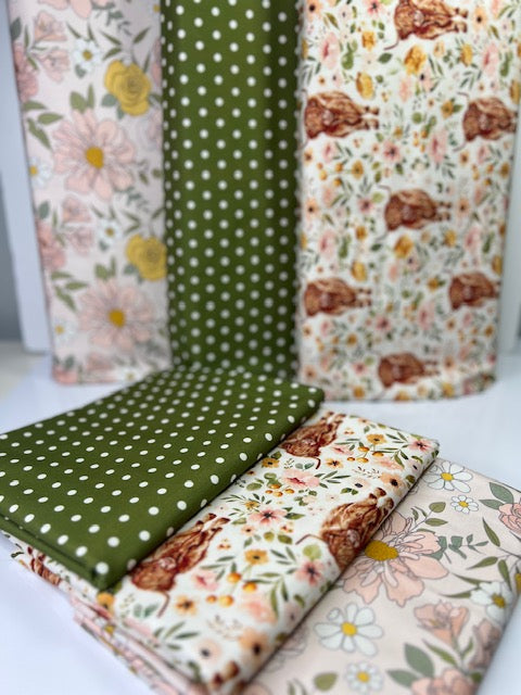 Blossom Highland Cow 100% Cotton, Cate & Rainn Blossom Highland Cow Cotton Fabric, Quilting Cotton