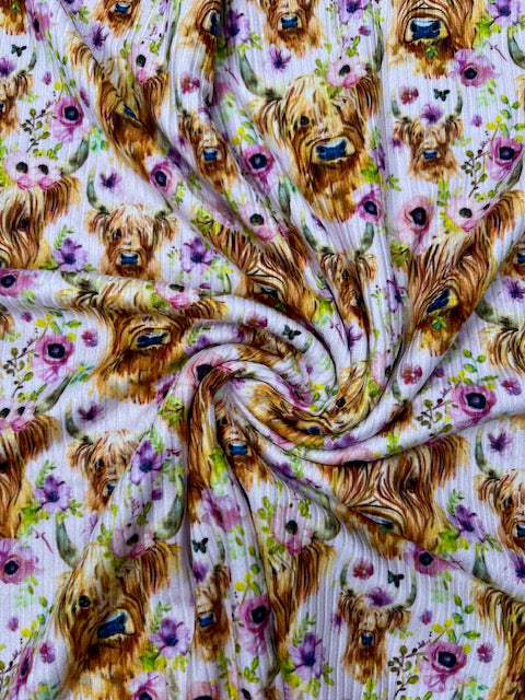 Highland Cows Floral Spring Watercolor Rib Knit Fabric