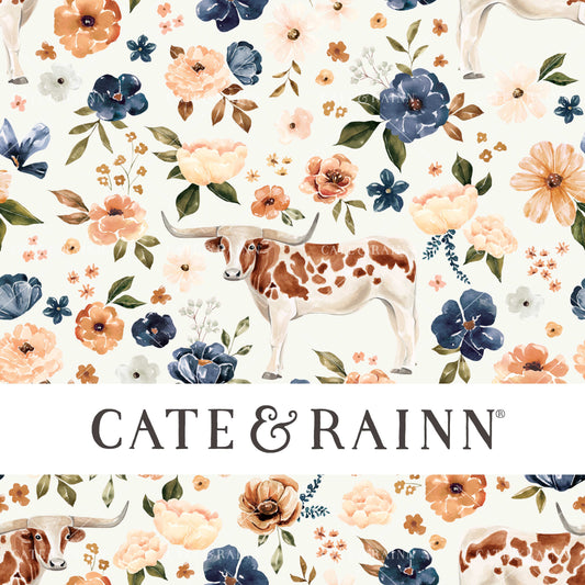 Cate and Rainn Farm and Meadow Countryside Texas Longhorn Floral Cow Fabric