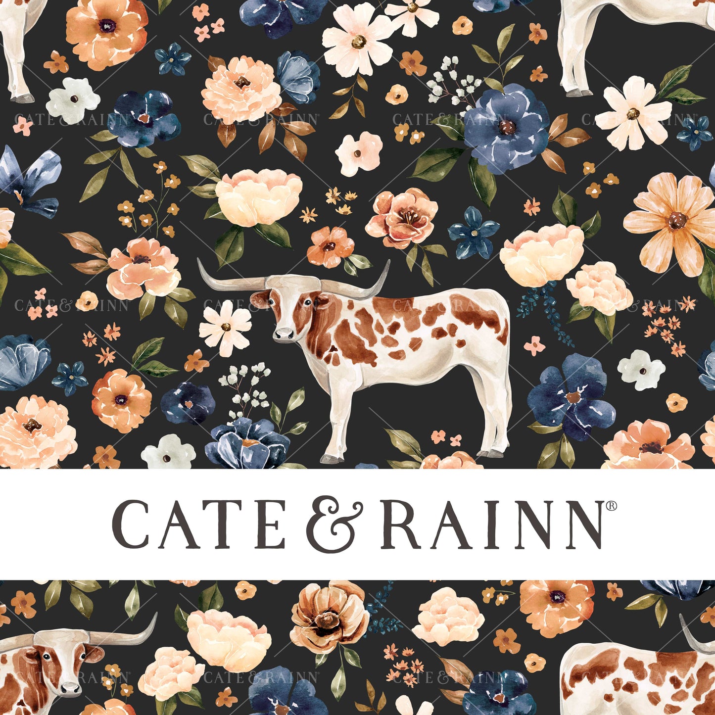 Cate and Rainn Farm and Meadow Countryside Texas Longhorn Floral Dark Grey Cow Fabric